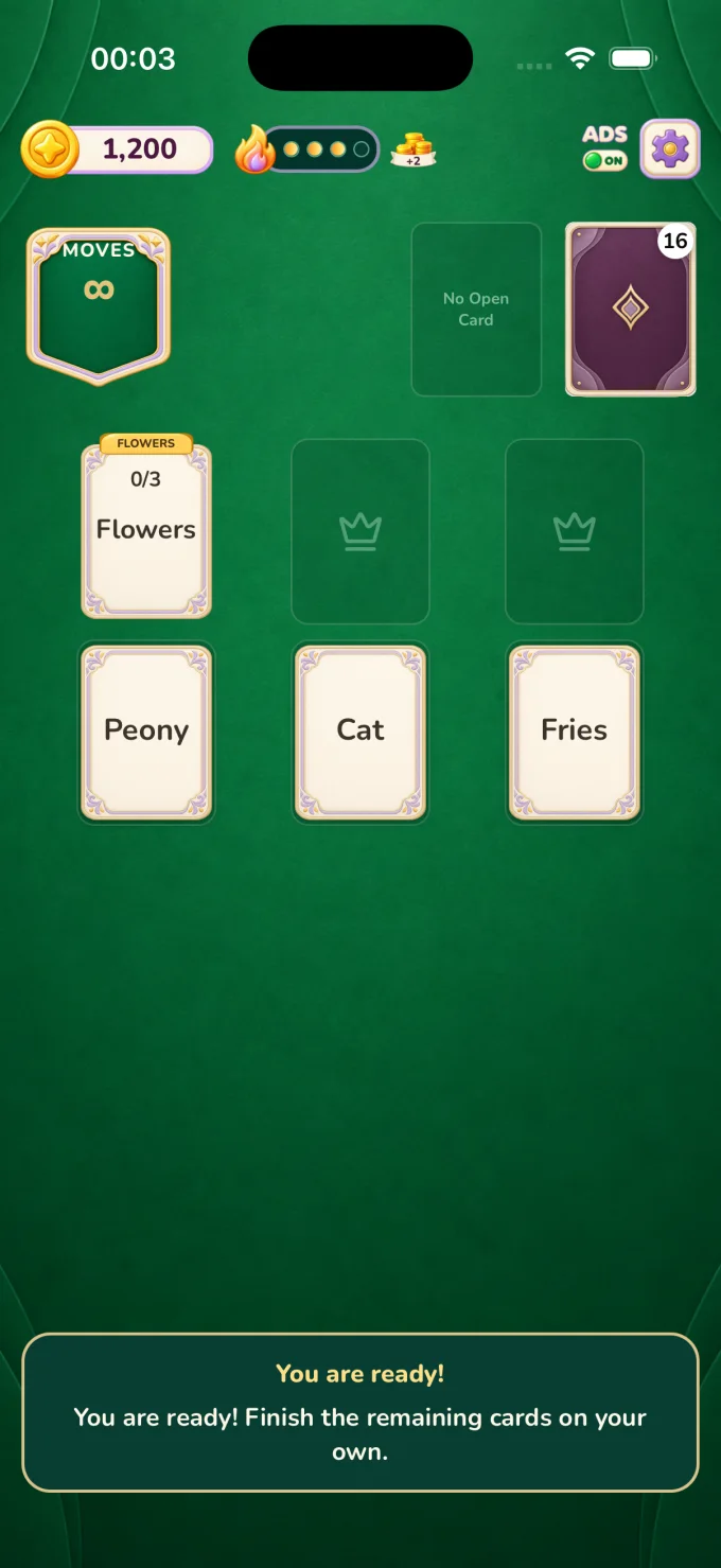 Solitword gameplay showing a Flowers category and Peony, Cat and Fries word cards